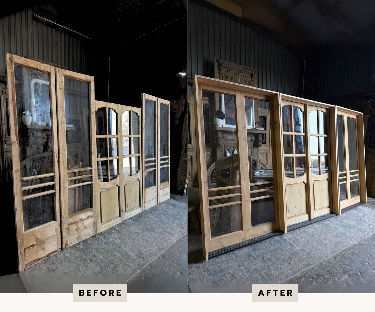 3 sets of doors repurposed as a single pair of French doors with two large sidelights - Pre-hung in stain grade cypress for exterior use