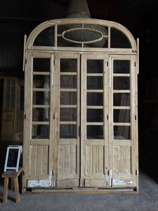 Large Antique Bi-Fold French Door Unit with Arched Transom - 75.25x116 J154