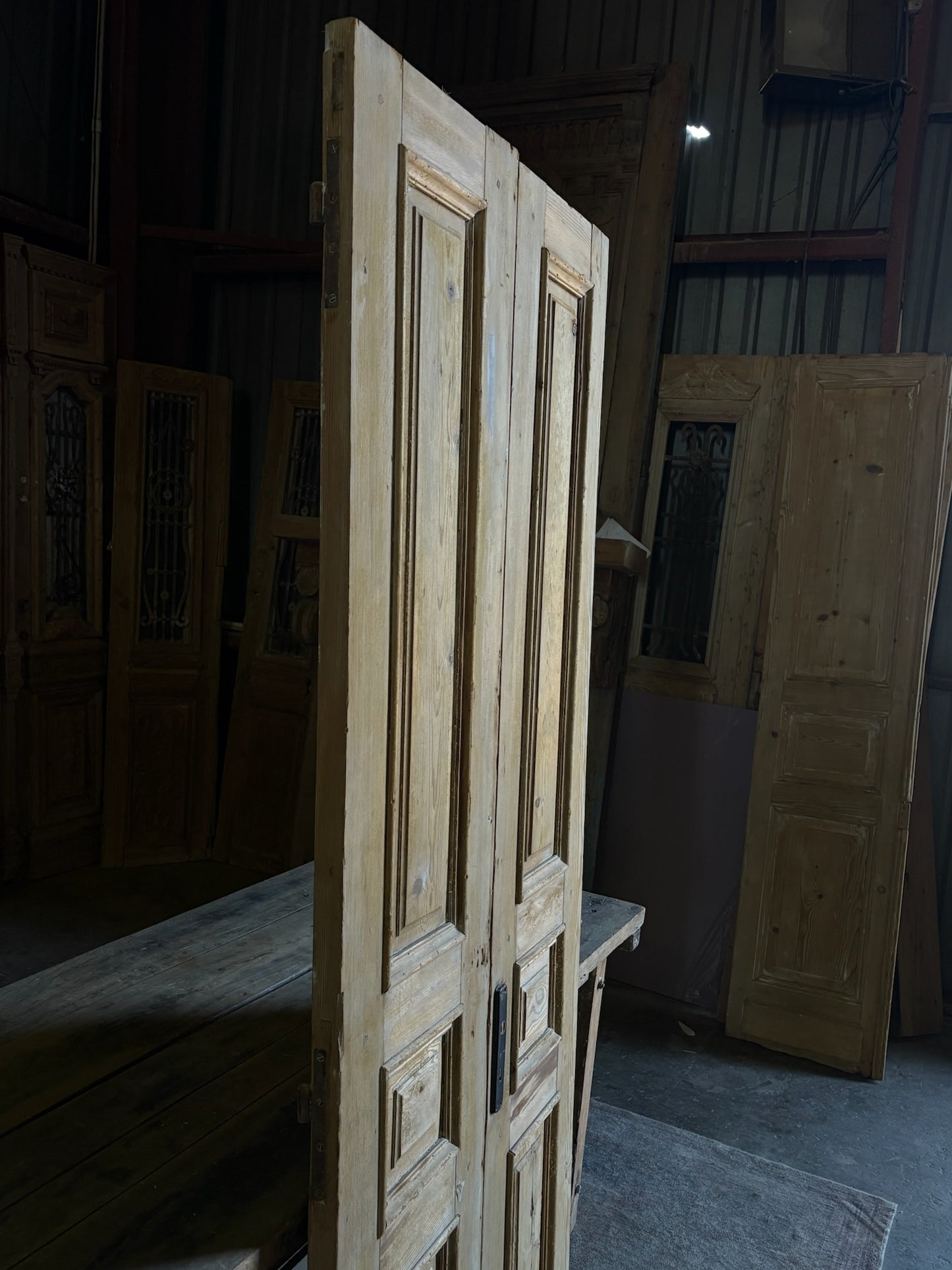 Raised Molding 3 Panel Antique Solid French Doors - 34.75x87 - L94