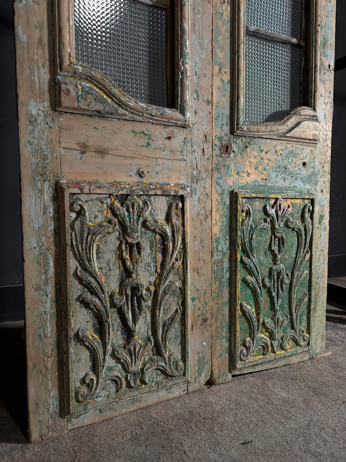 Antique Carved 3 Lite French Doors - 44.5x87.5 - N603