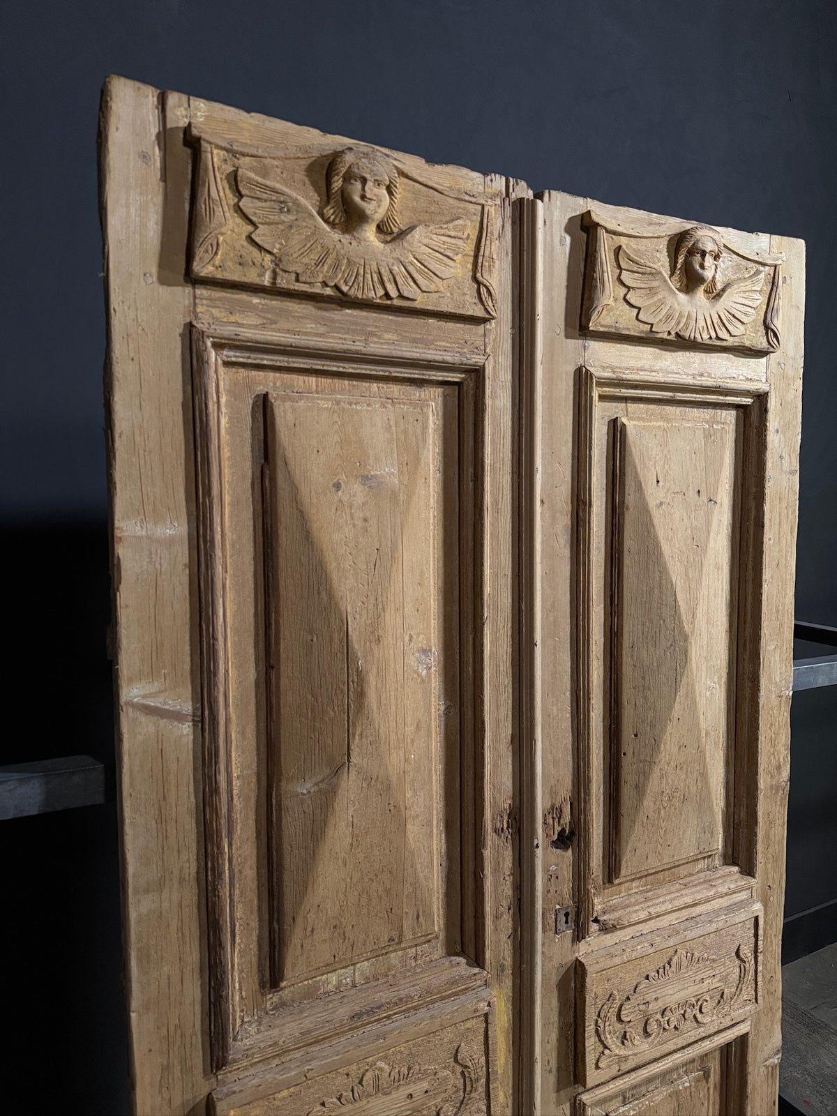 Antique Carved Angel Raised Panel Double Doors - 50x92 - N746