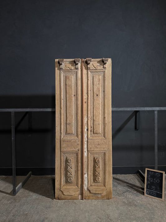 Antique Carved 3 Panel Double Doors - 37.75x92.5 - N705