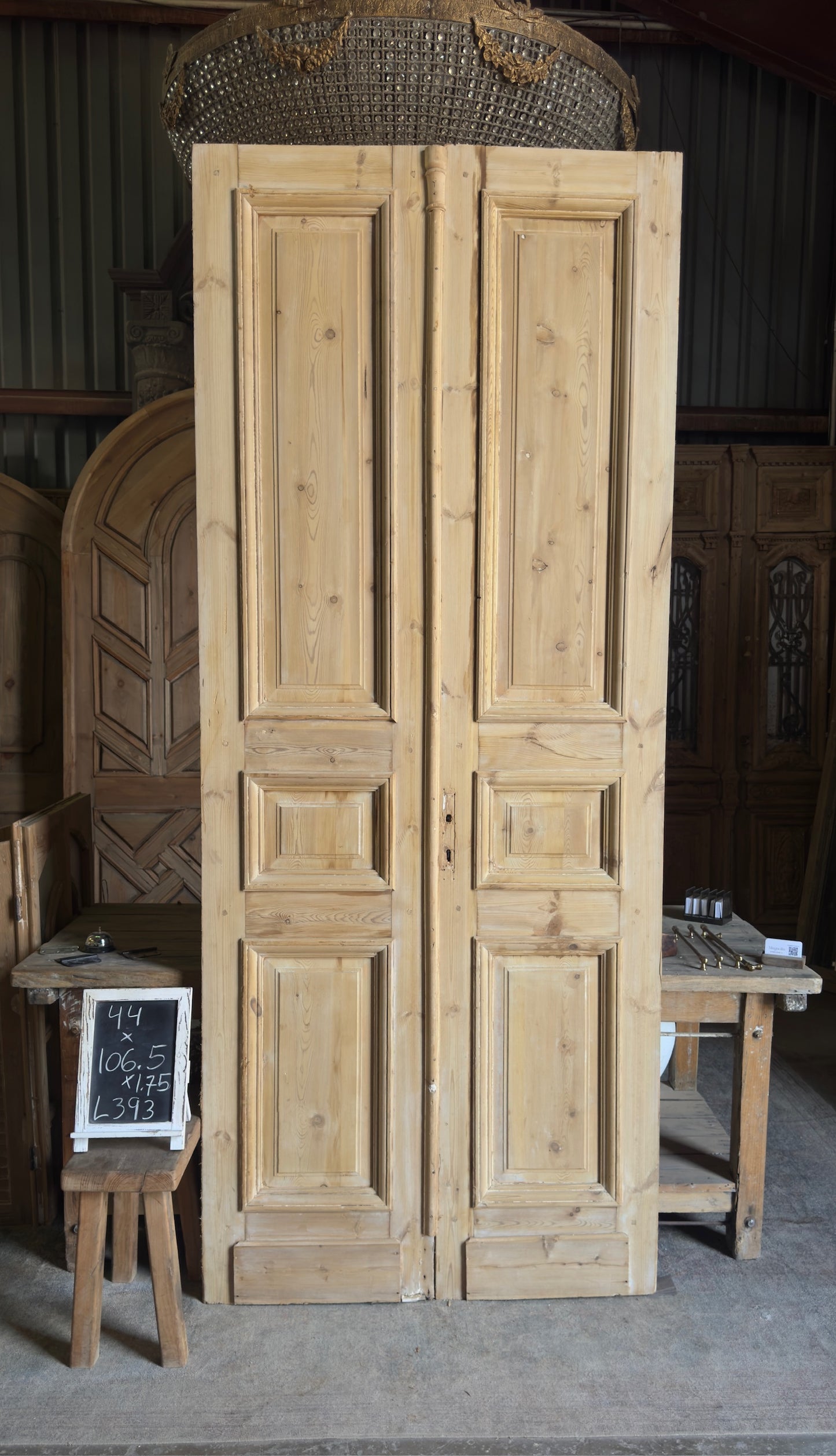 Raised Molding 3 Panel Antique Solid French Doors - 44x106.5 - L393