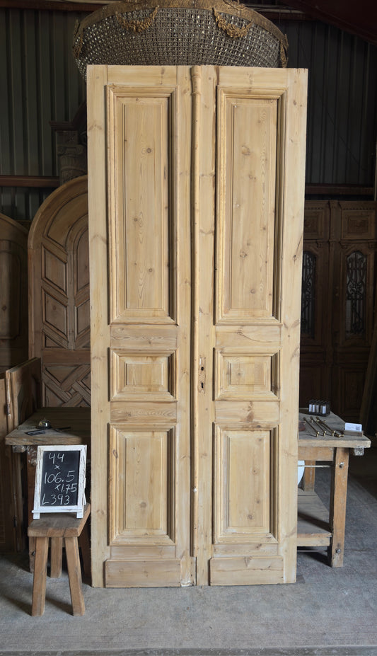 Raised Molding 3 Panel Antique Solid French Doors - 44x106.5 - L393