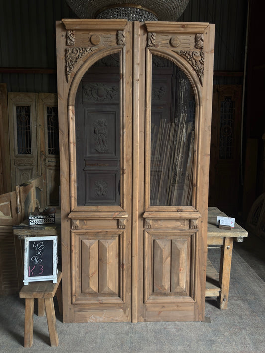 Glass Arched Baltic Pine Carved French Doors - 48x96 K3