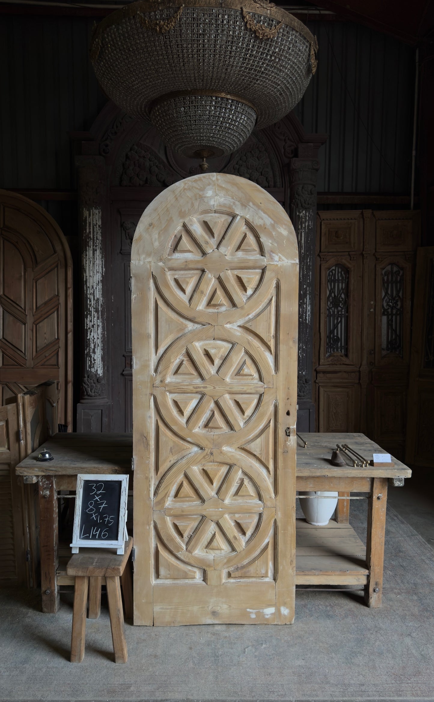 Triple Rosette Antique Arched Solid Single Door - 32x87 - L146