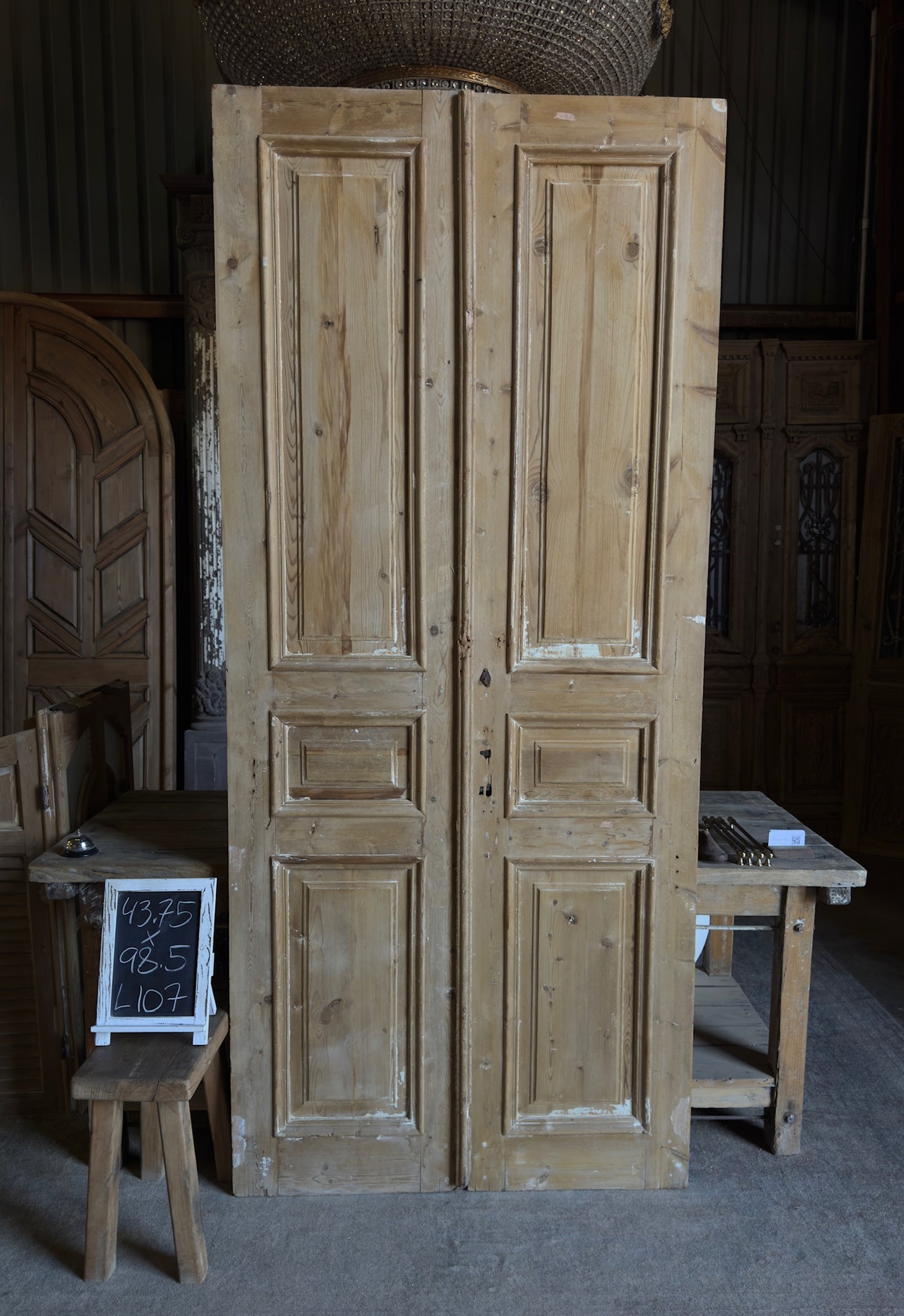 Raised Molding 3 Panel Antique Solid French Doors - 43.75x98.5 - L107