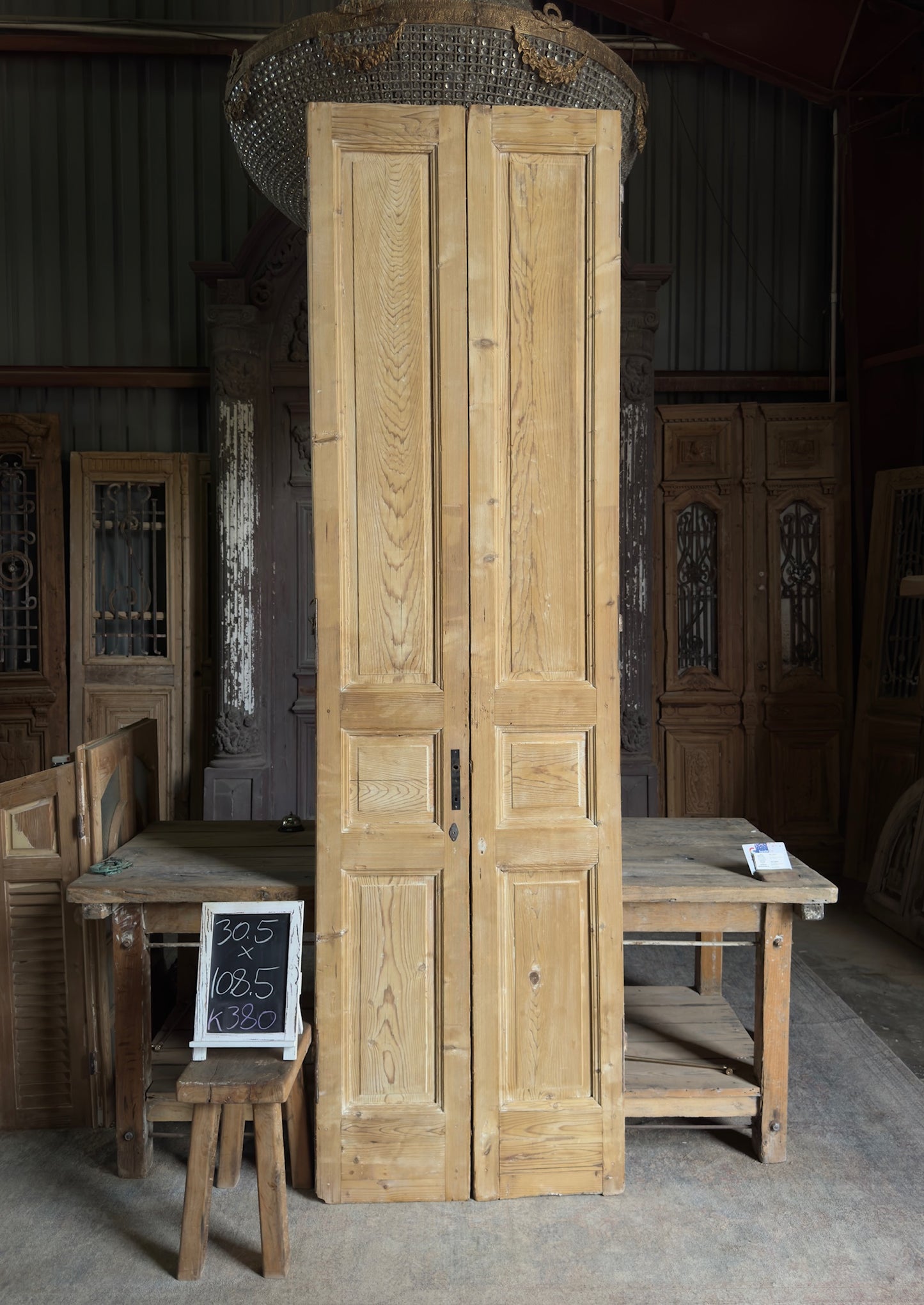3 Panel Antique Solid French Doors - 30.5x108.5 K380