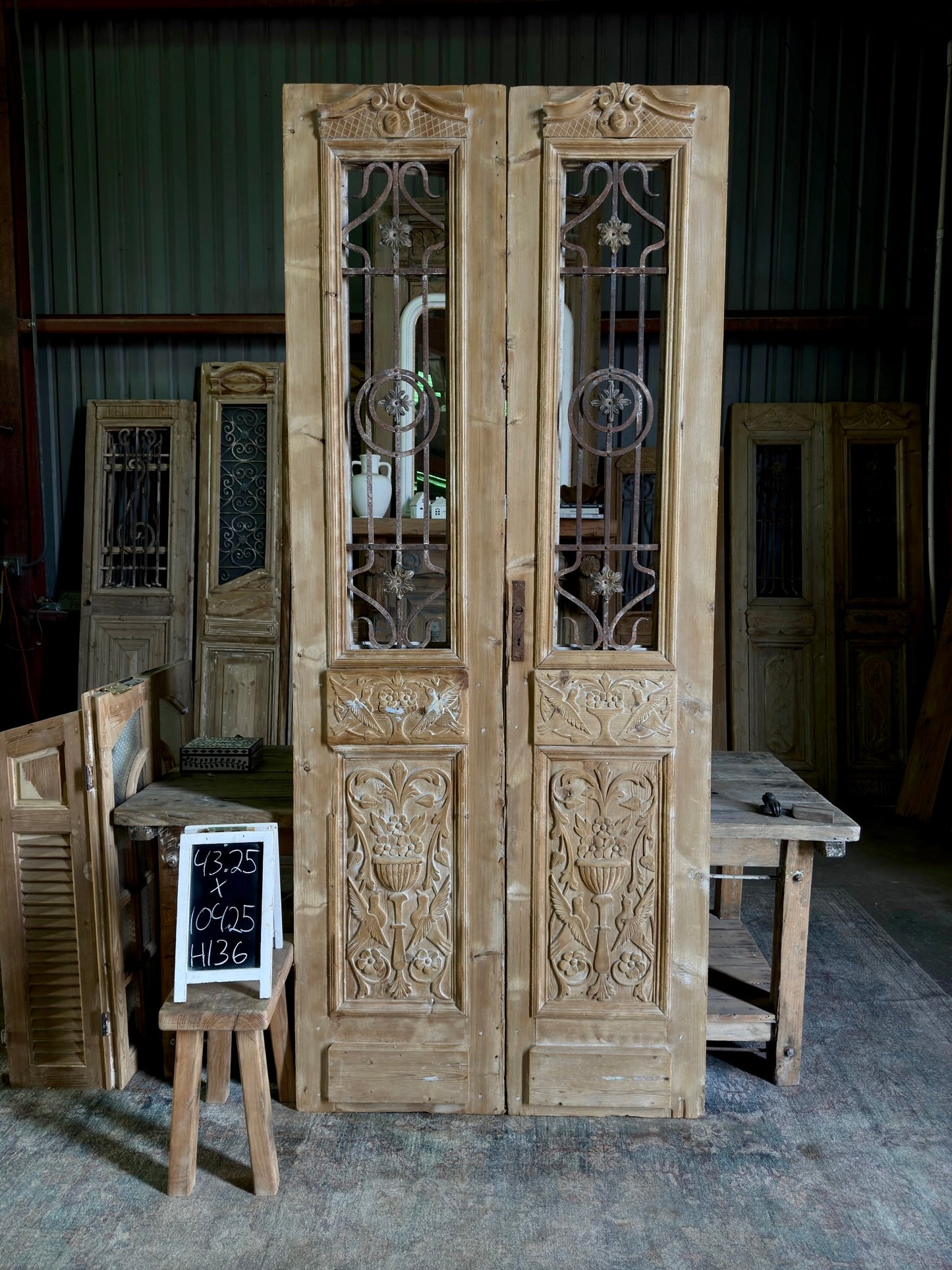Antique Hand Carved Iron French Doors - 43.25x104.25 H136