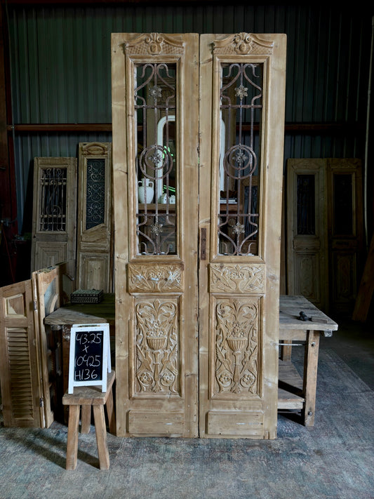 Antique Hand Carved Iron French Doors - 43.25x104.25 H136