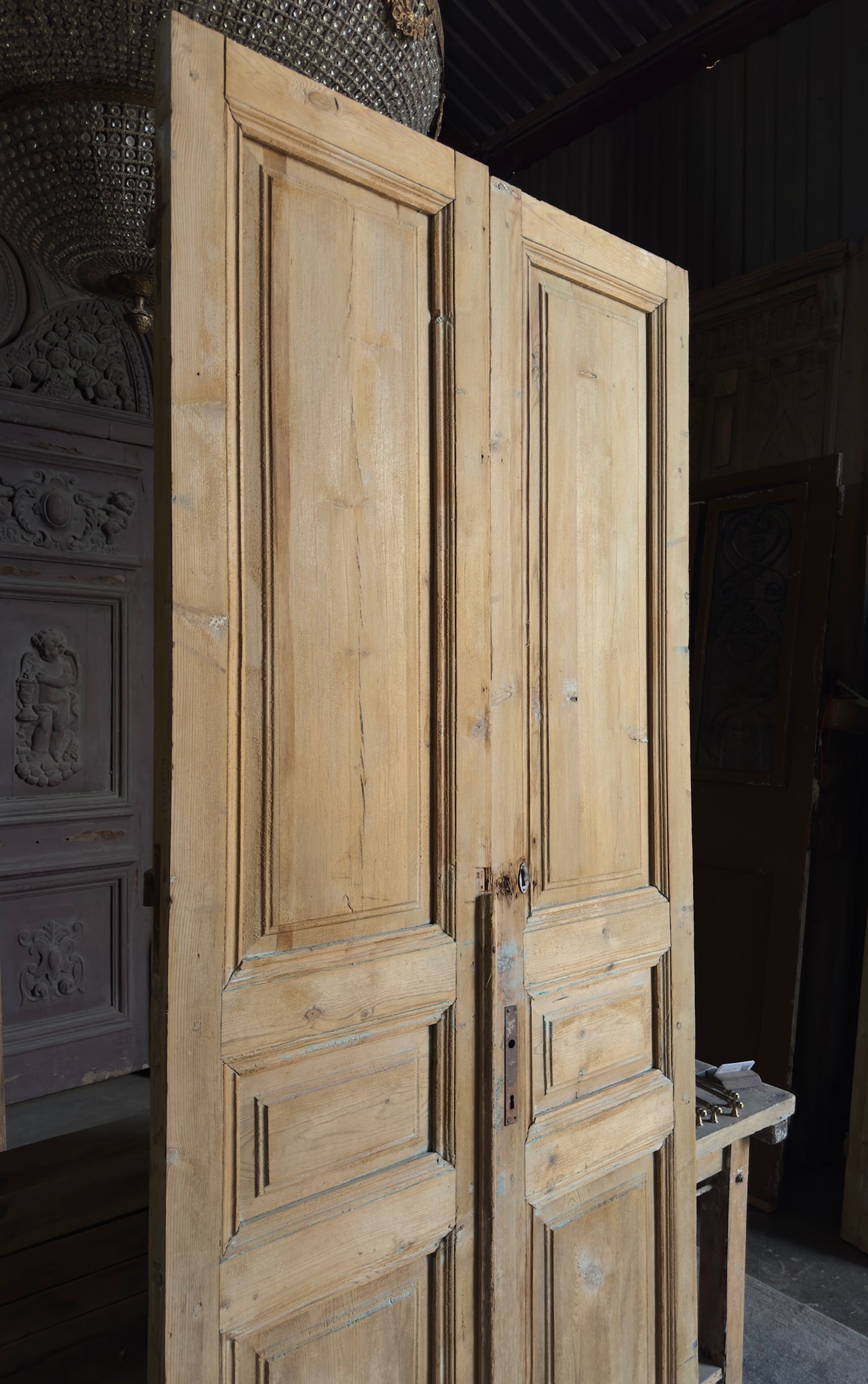 3 Panel Antique Solid French Doors - 42x98 - L363