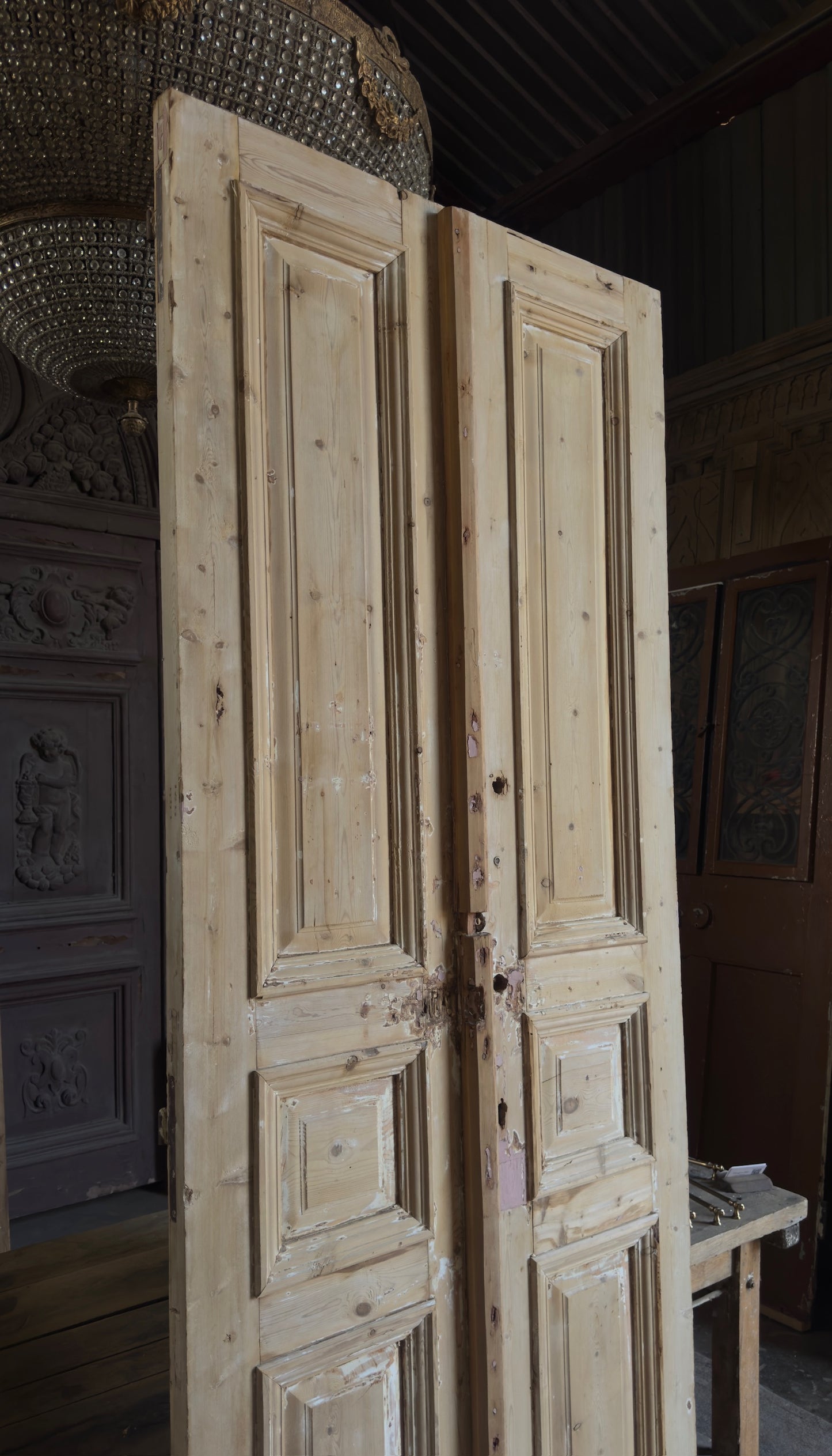 Raised Molding 3 Panel Antique Solid French Doors - 40x104 - L352