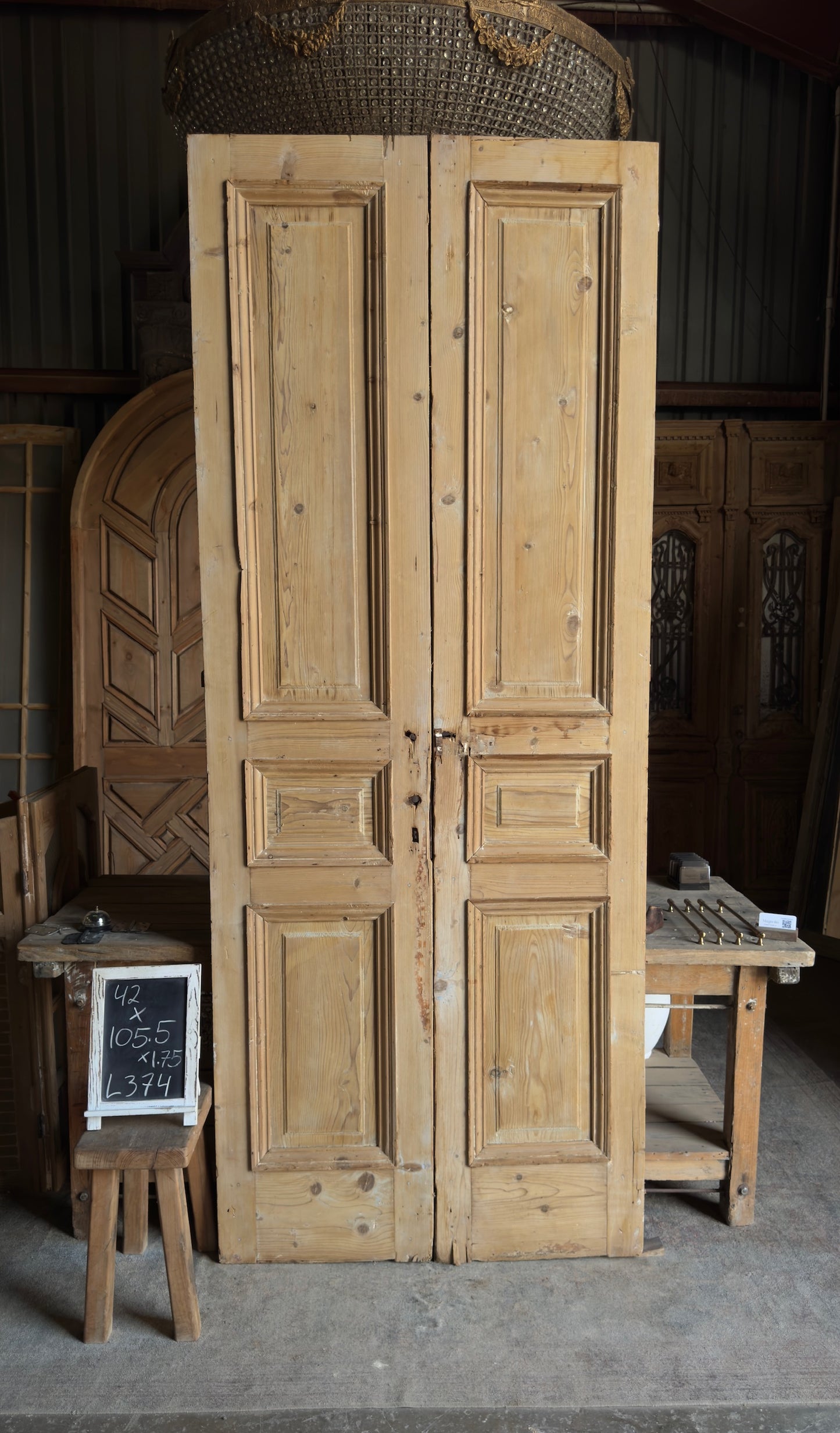 Raised Molding 3 Panel Antique Solid French Doors - 42x105.5 - L374