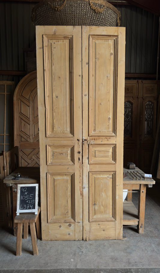 Raised Molding 3 Panel Antique Solid French Doors - 42x105.5 - L374