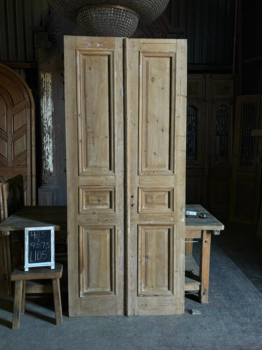 Raised Molding 3 Panel Antique Solid French Doors - 40.5x93.75 - L105