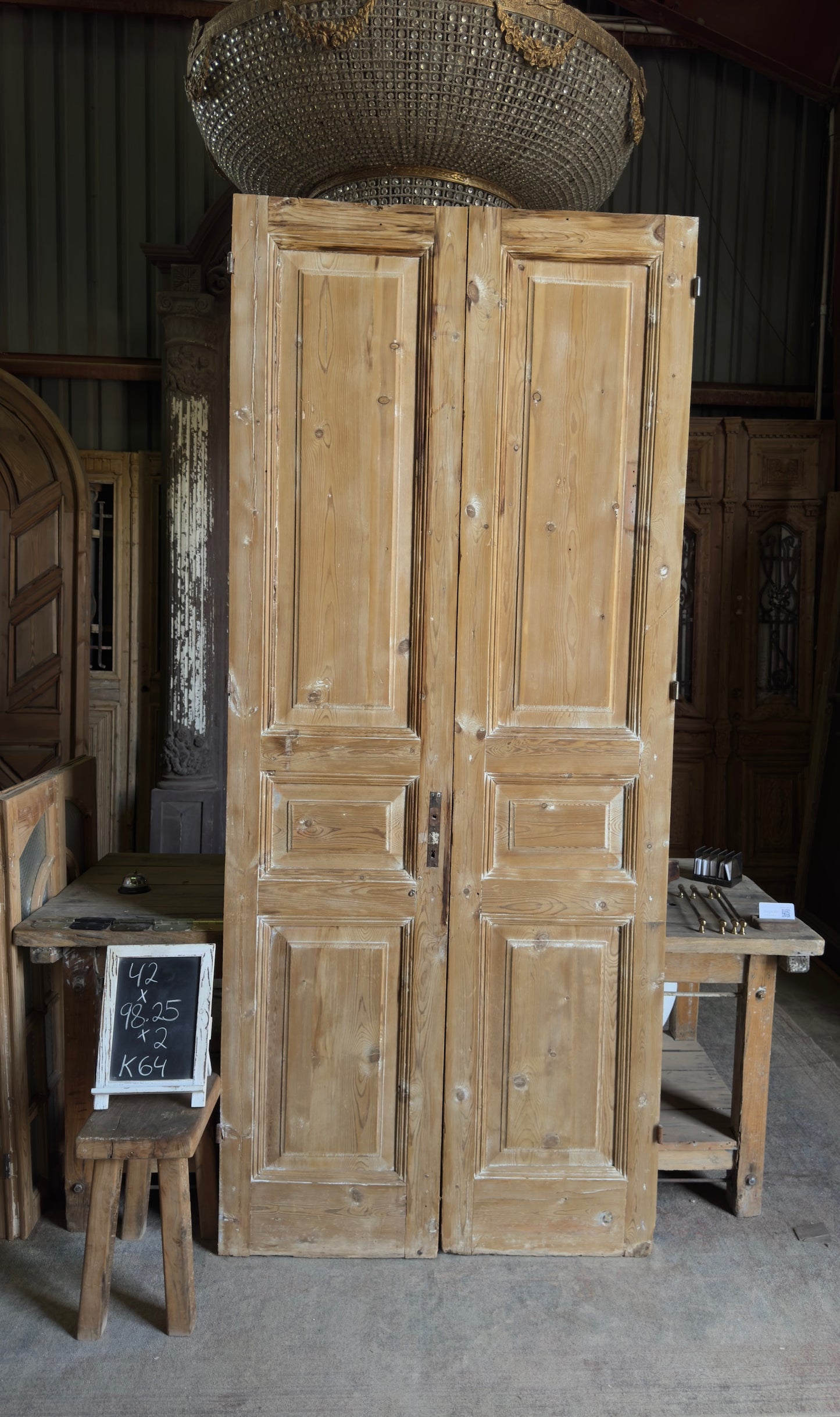 3 Panel Antique Solid French Doors - 42x98.25 K64
