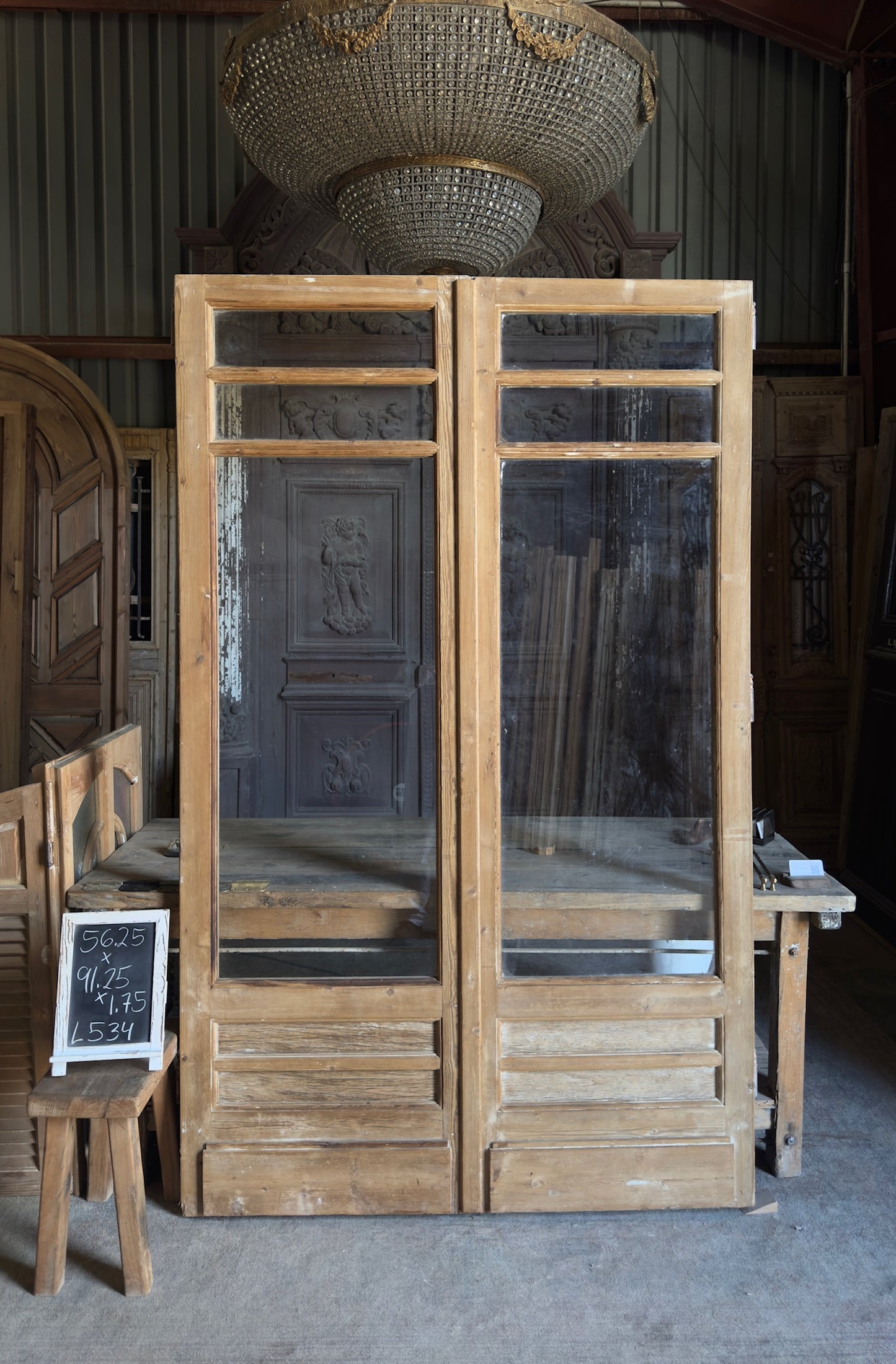 Antique Louvered 8 Lite French Doors - 56.25x91.25 - L534