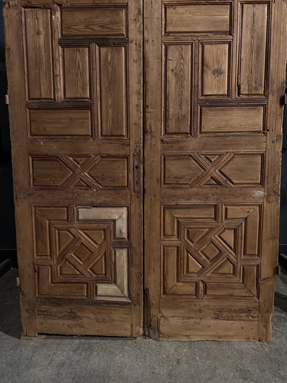 Antique Gothic Geometric Paneled Entry Double Doors - 54.5x96 - N748