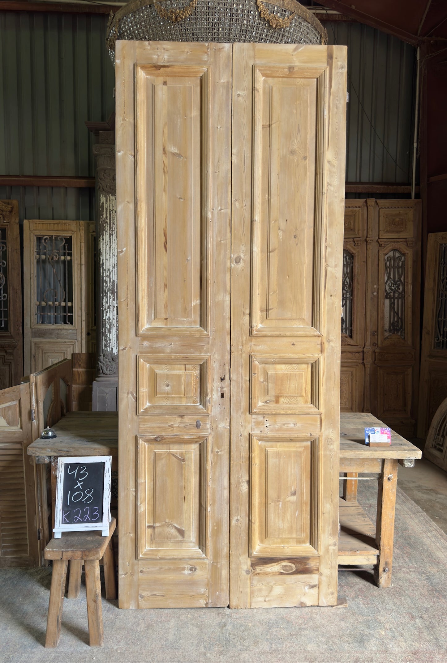 3 Panel Antique Solid French Doors With Raised Molding - 43x108 K223