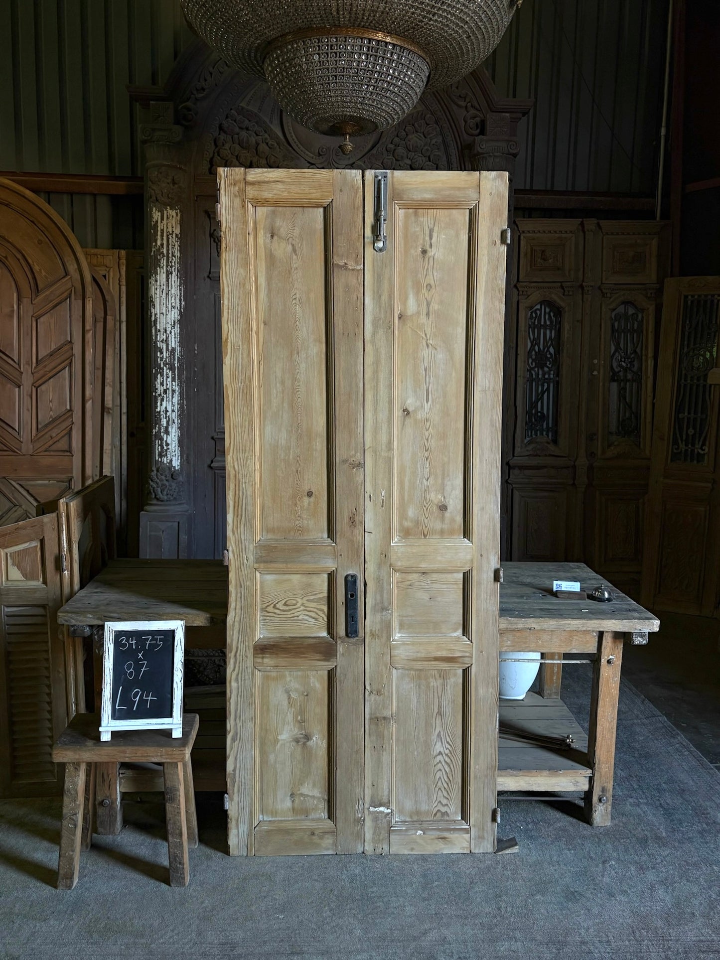 Raised Molding 3 Panel Antique Solid French Doors - 34.75x87 - L94