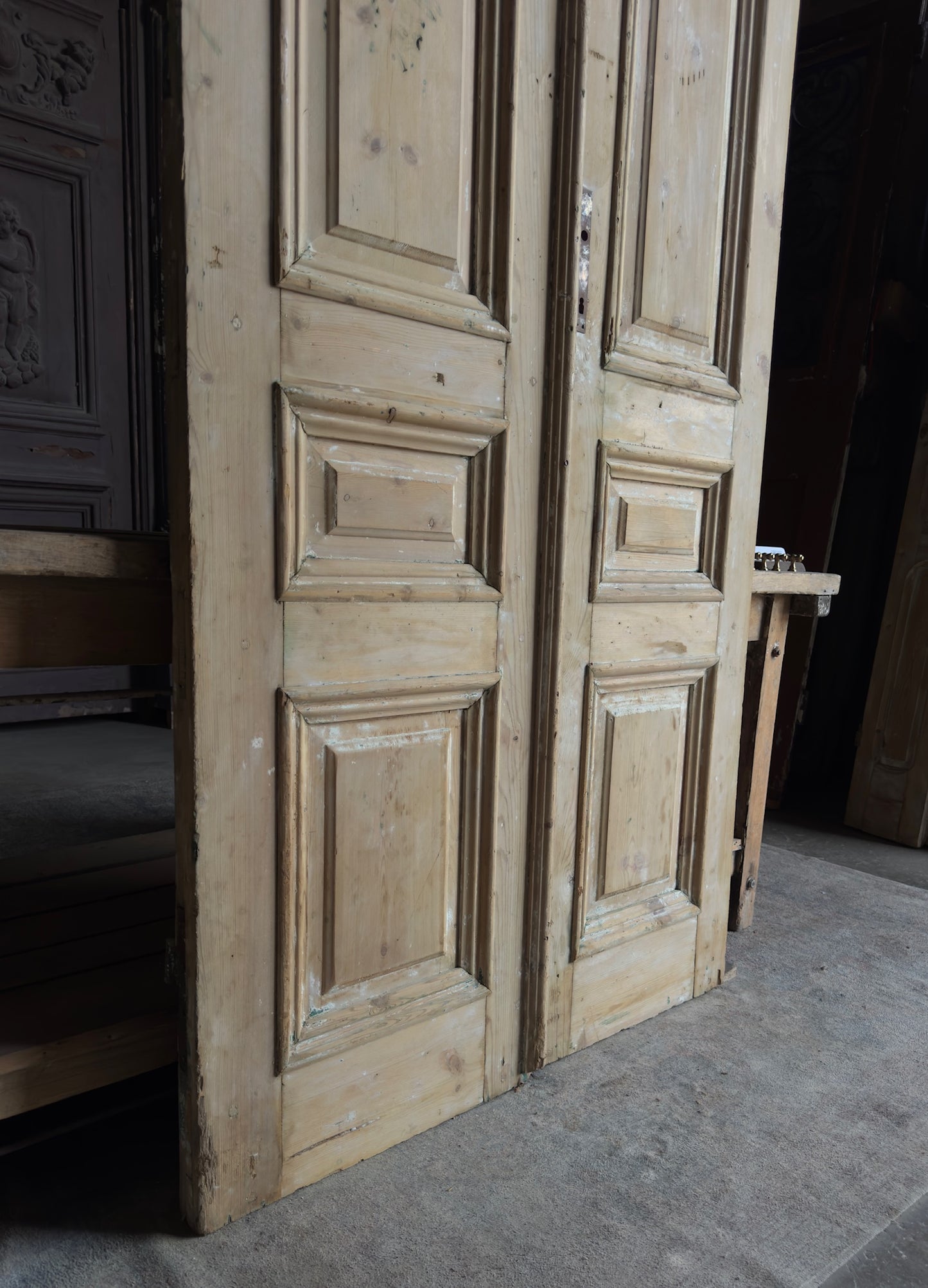 Raised Molding 3 Panel Antique Solid French Doors - 42.5x103.5 - L375