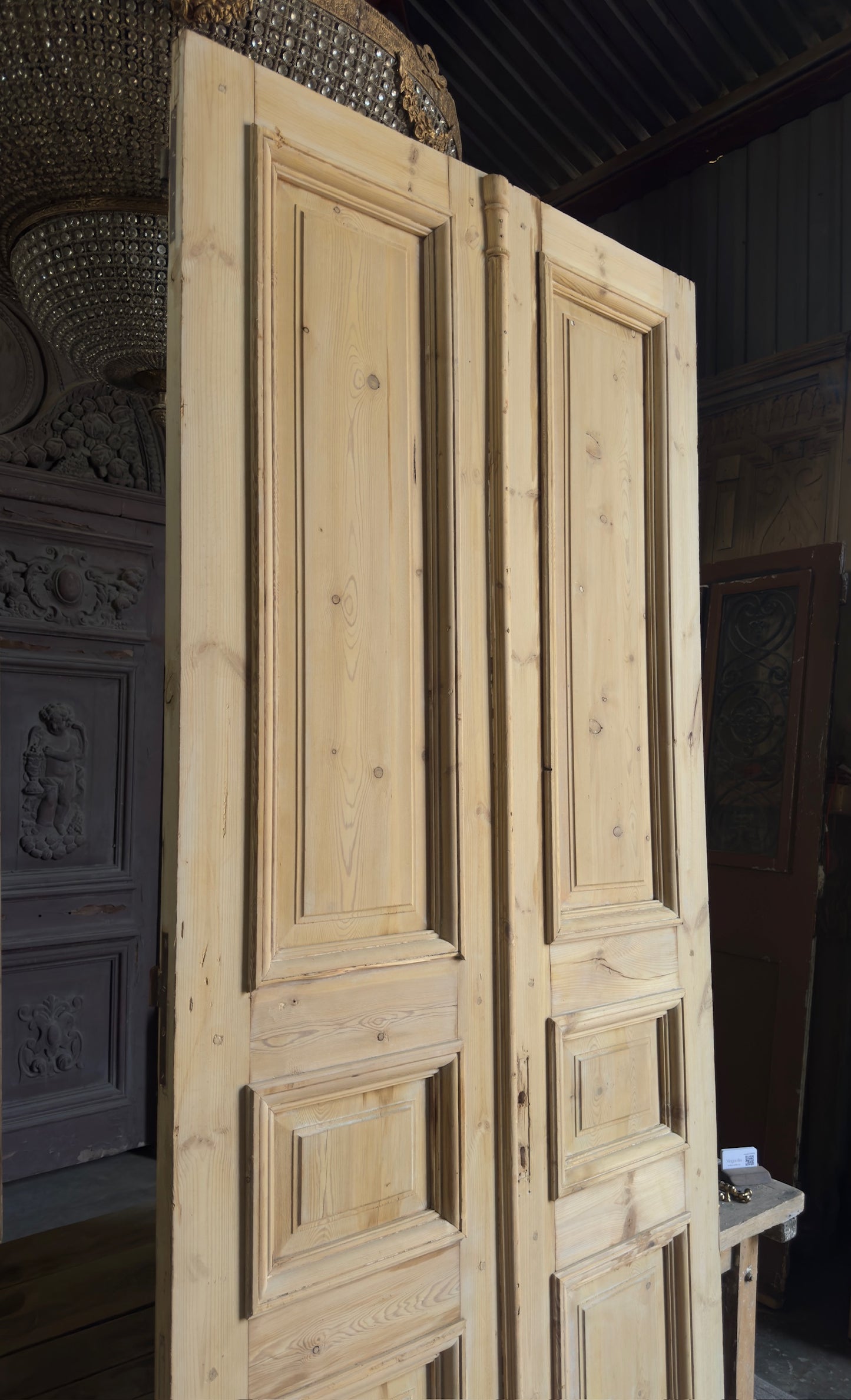 Raised Molding 3 Panel Antique Solid French Doors - 44x106.5 - L393