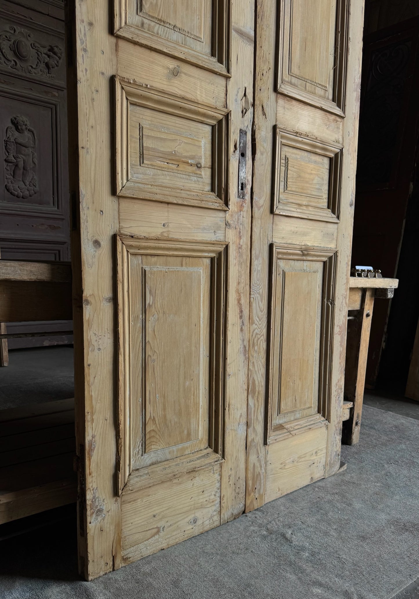 Raised Molding 3 Panel Antique Solid French Doors - 42.5x103.5 - L373