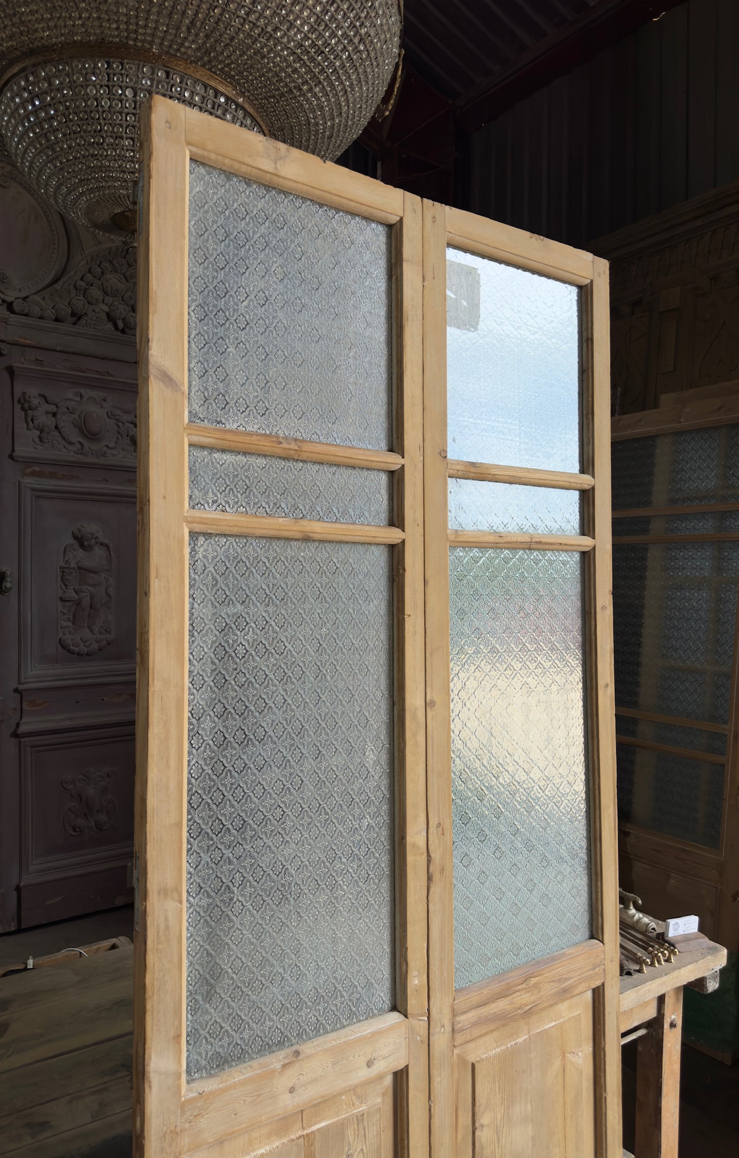 Antique Obscured Glass 3 Lite French Doors - 39.25x92 - L707