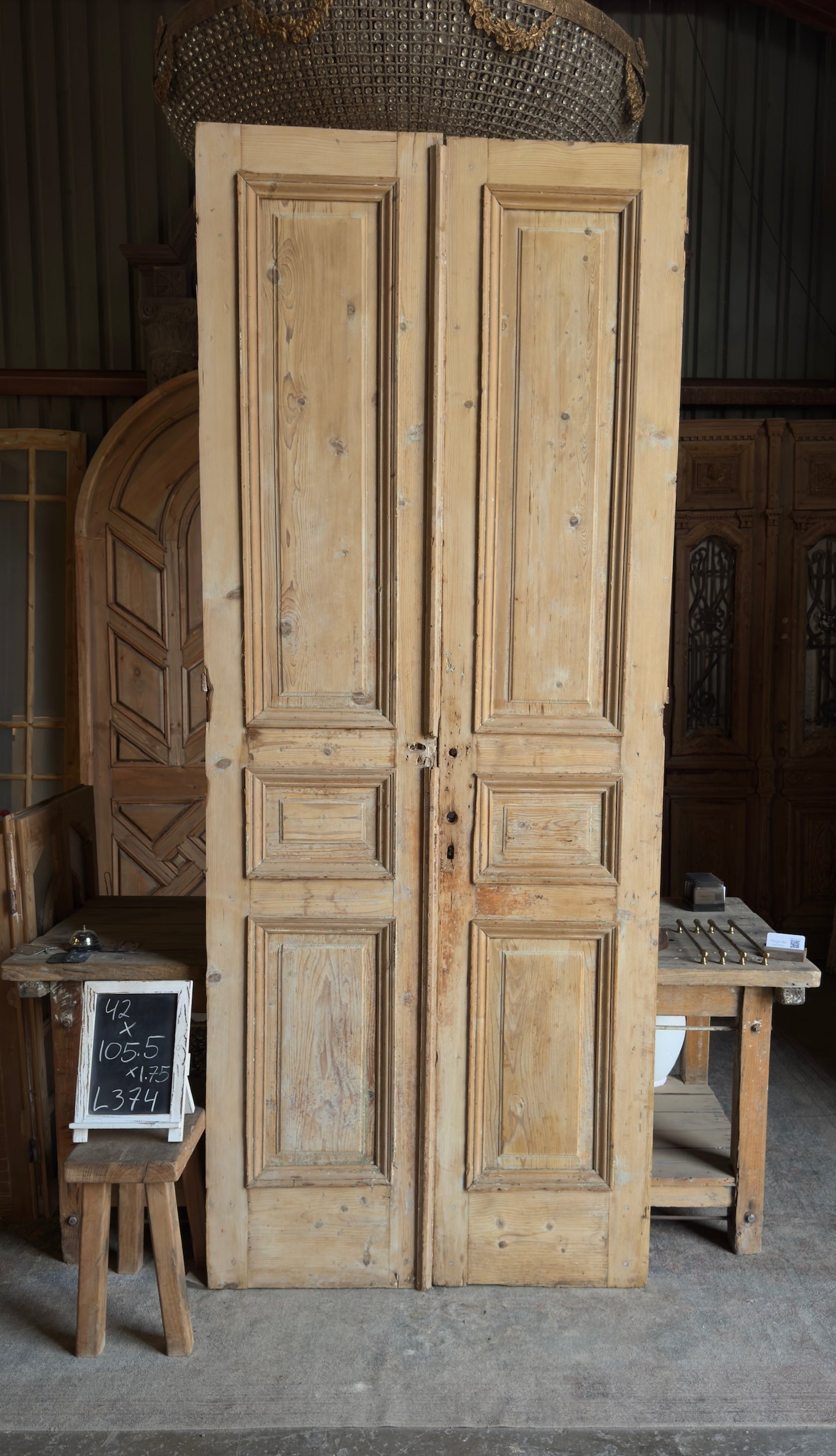 Raised Molding 3 Panel Antique Solid French Doors - 42x105.5 - L374