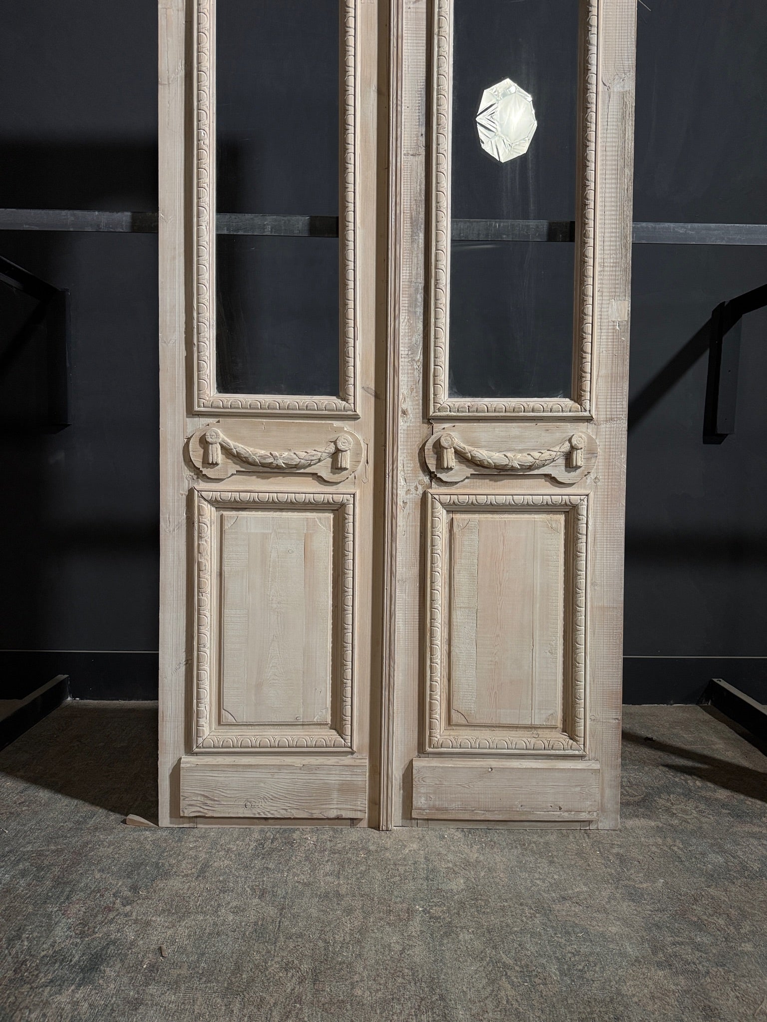 Antique Carved 1 Lite Arched French Doors - 45x99.5 - N271