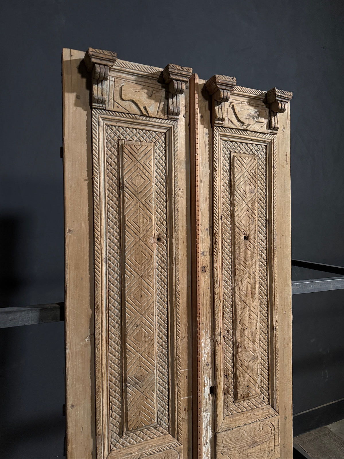 Antique Carved 3 Panel Double Doors - 37.75x92.5 - N705