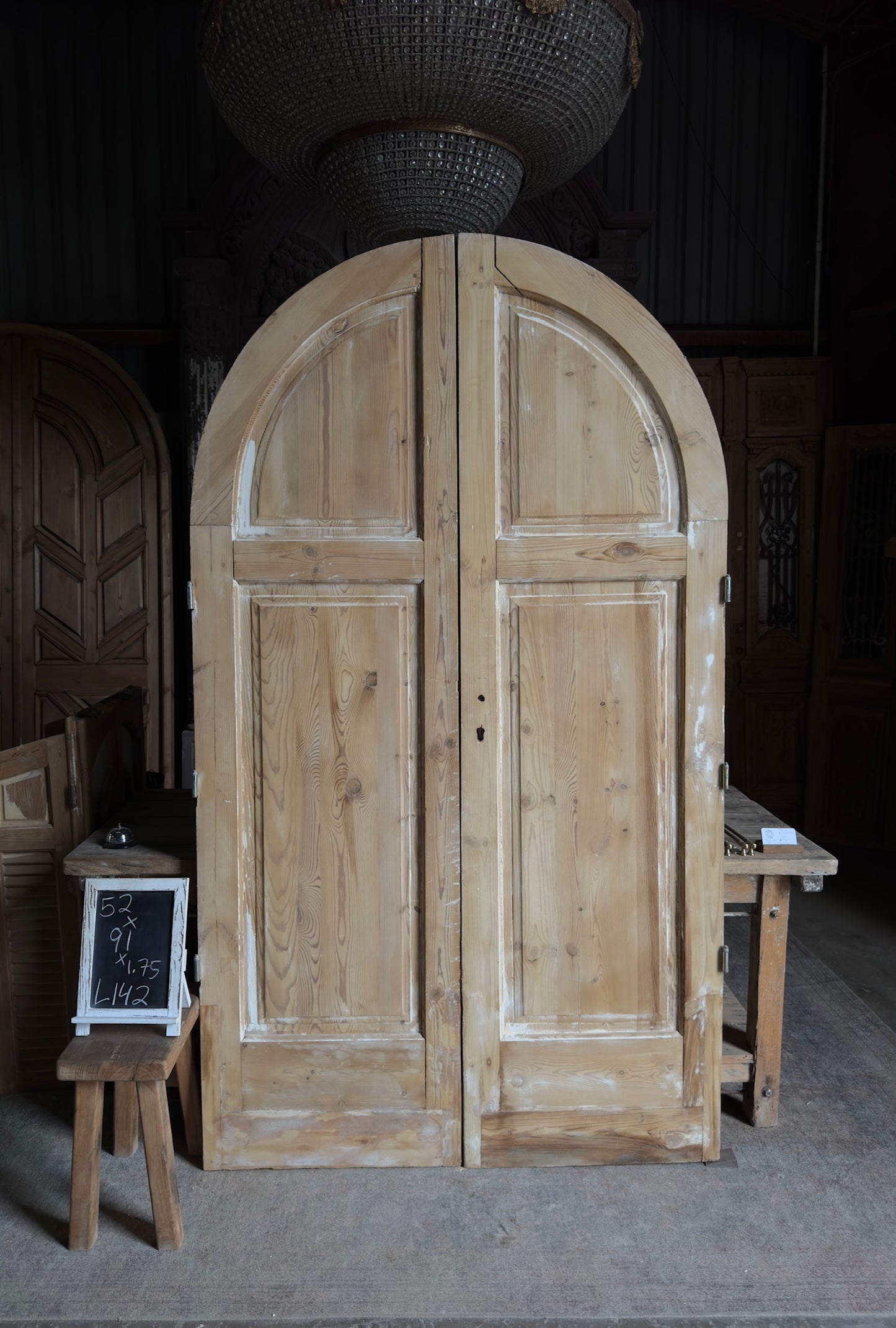 Antique Solid Arched Doors with Carved Cross - 52x90 - L142