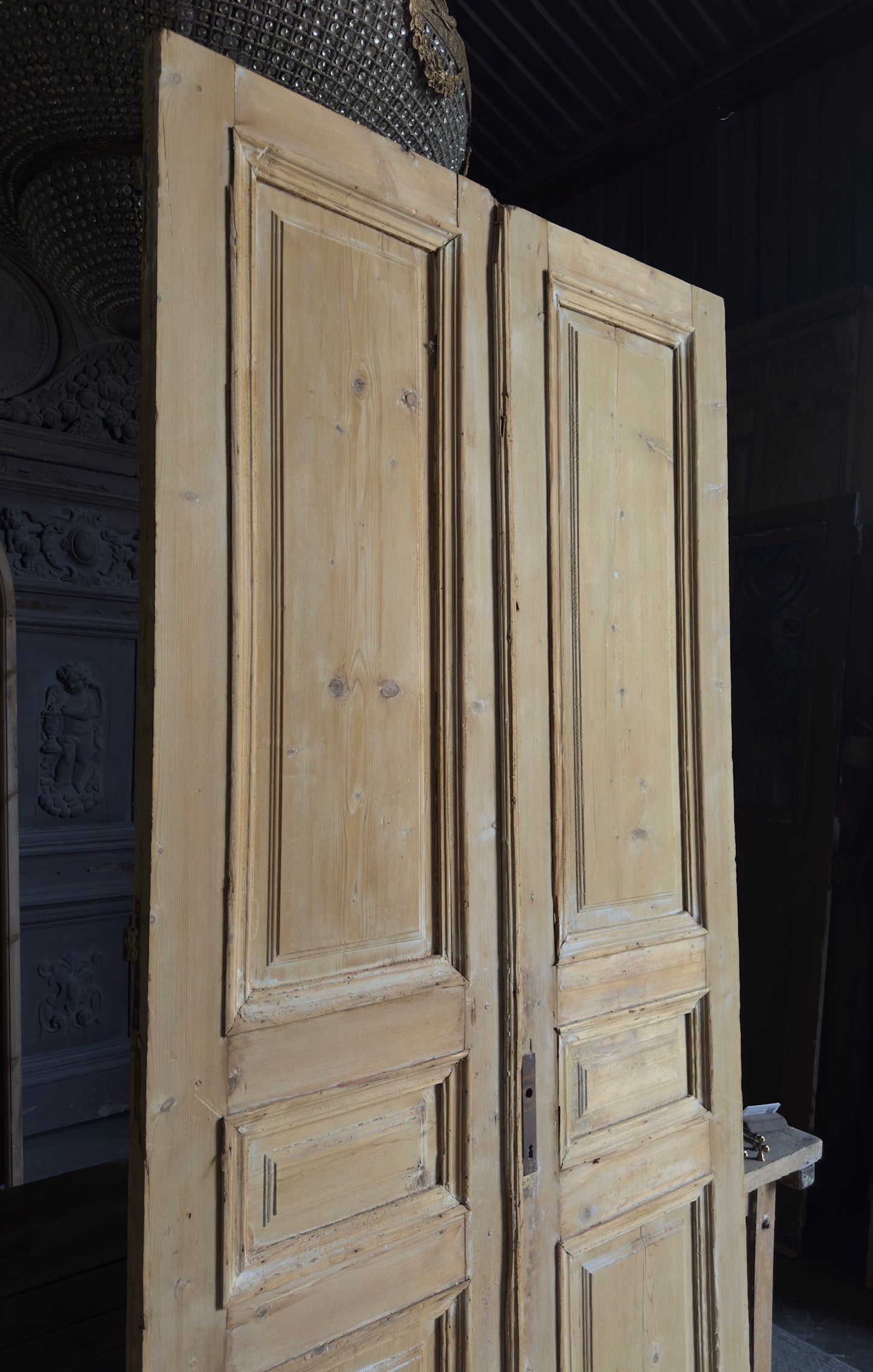 Raised Molding 3 Panel Antique Solid French Doors - 46.5x100 - L361
