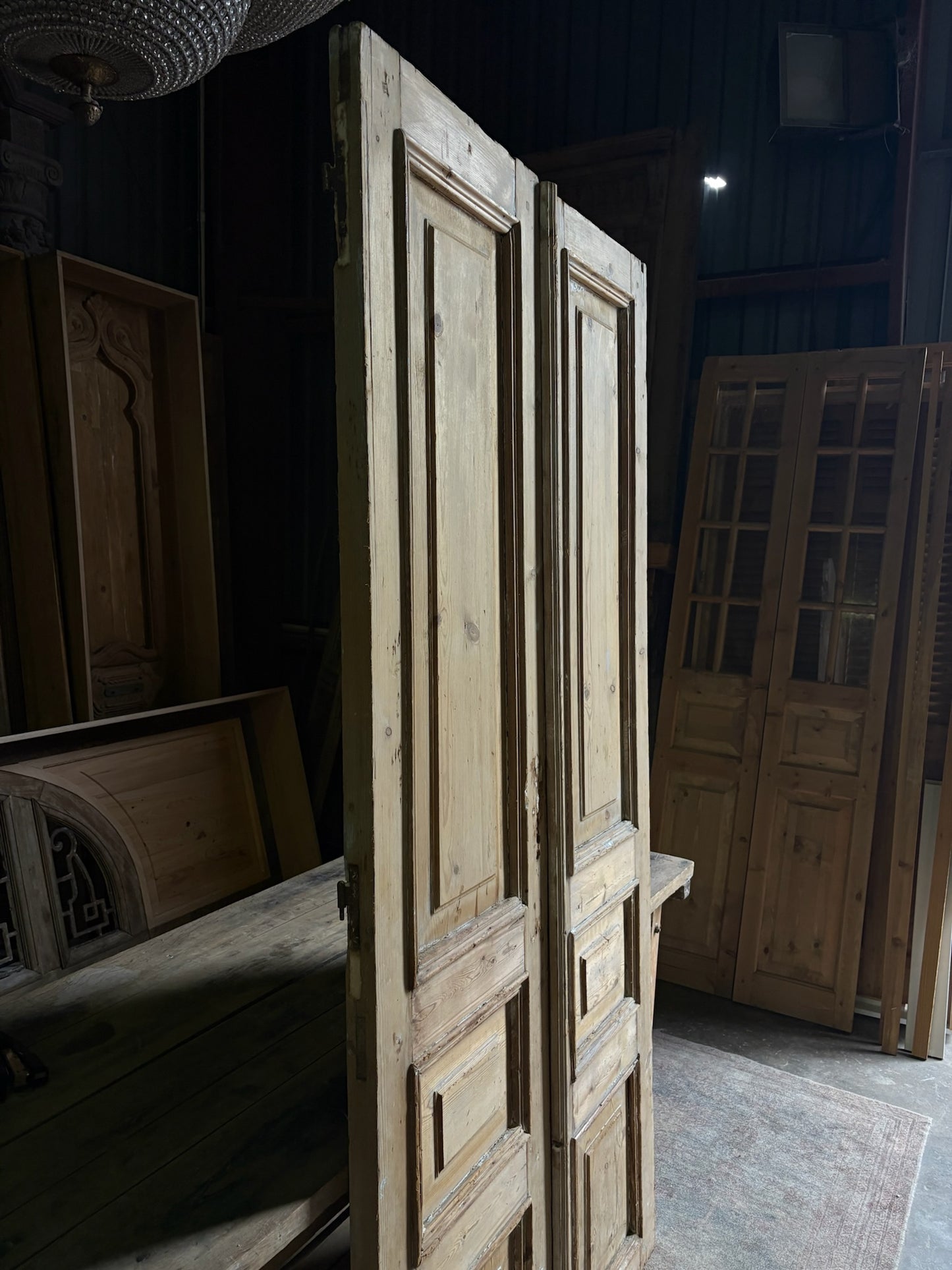 Raised Molding 3 Panel Antique Solid French Doors - 43.25x89 - L88