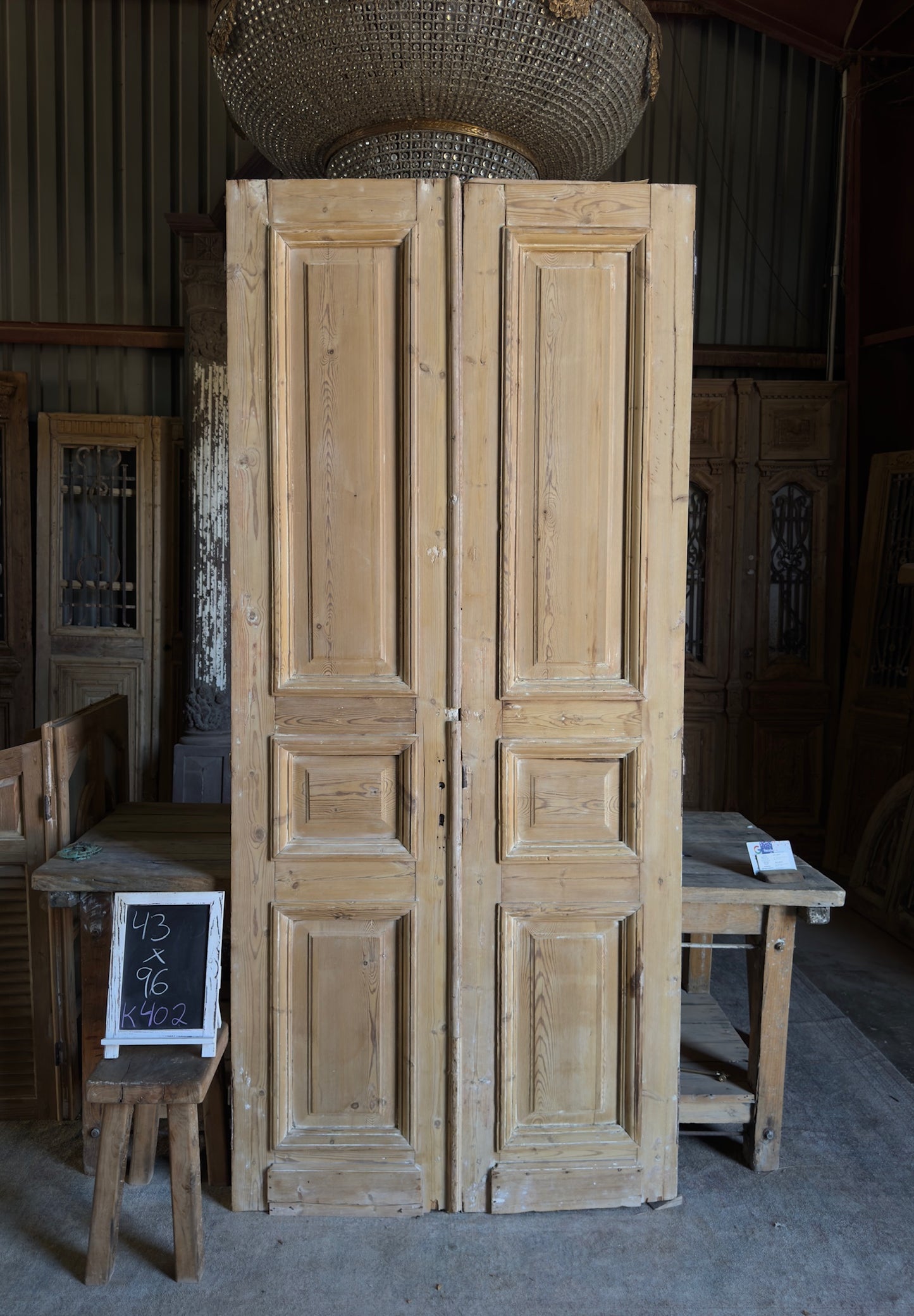 Raised Molding 3 Panel Antique Solid French Doors - 43x96 K402