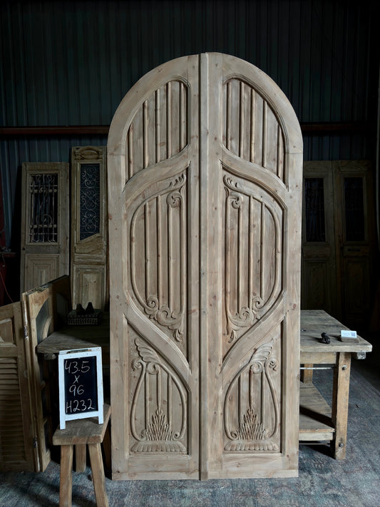 (The Merlin) Handrcrafted Arched Baltic Pine French Doors - 43.5x96 H232