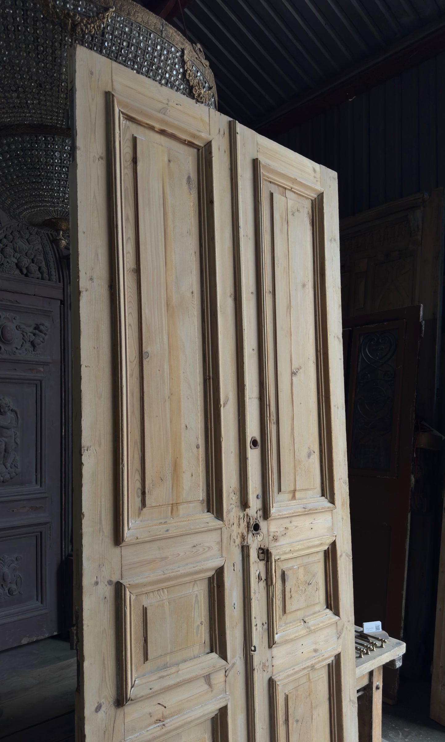 Raised Molding 3 Panel Antique Solid French Doors - 43x106.5 - L392