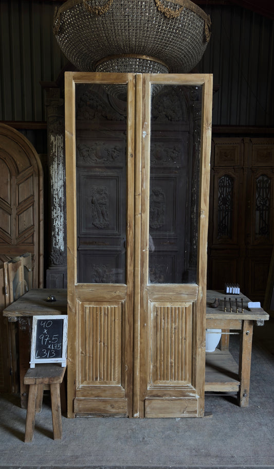 Fluted Panel Antique Glass French Doors - 40x97.5 - L313