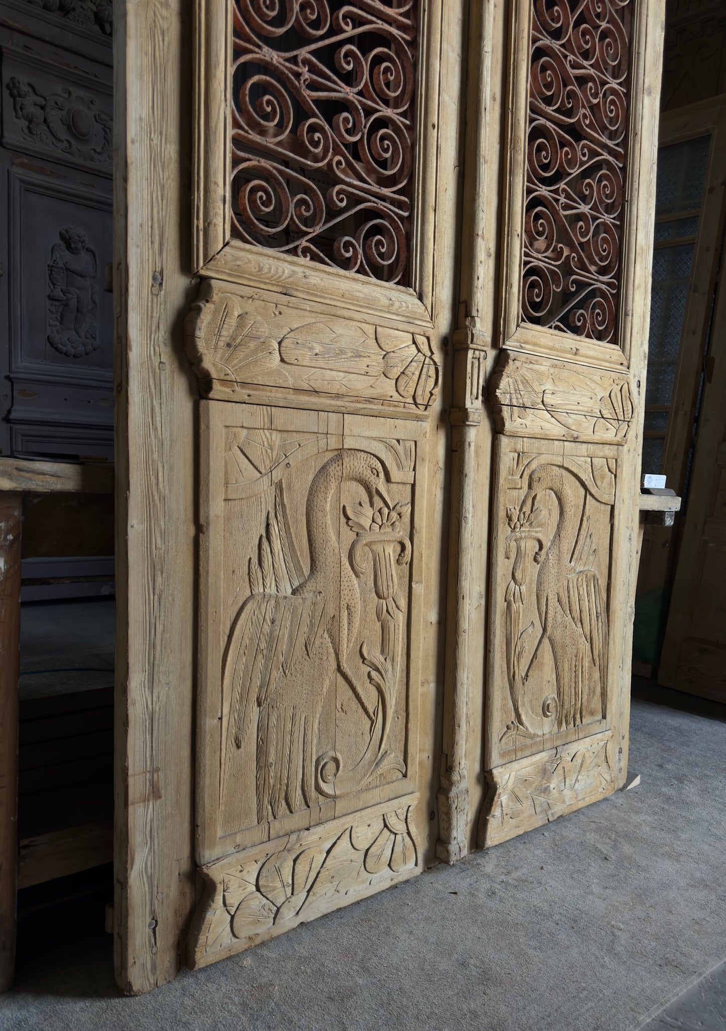 Antique Carved Arched Double Doors - 54.5x96.25 - L662