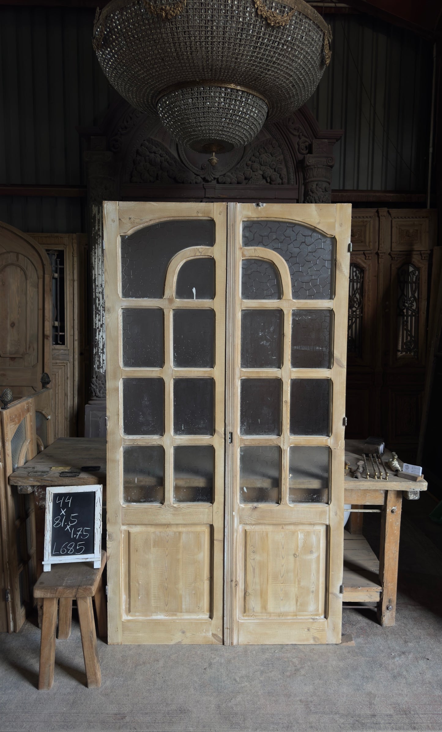 Antique Decorative Glass 8 Lite Arched French Doors - 44x81.5 - L685