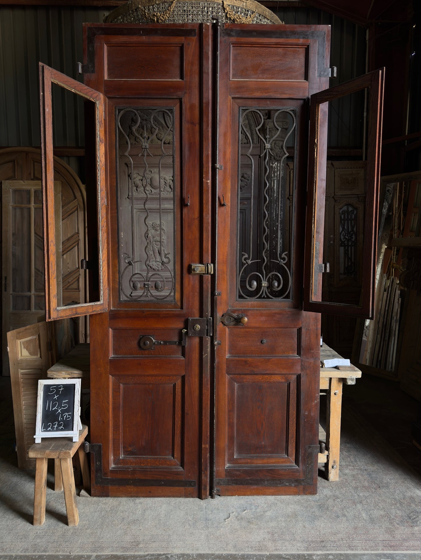 French Iron & Glass Antique Double Doors with Parquet Panels - 57x112.5 - L272