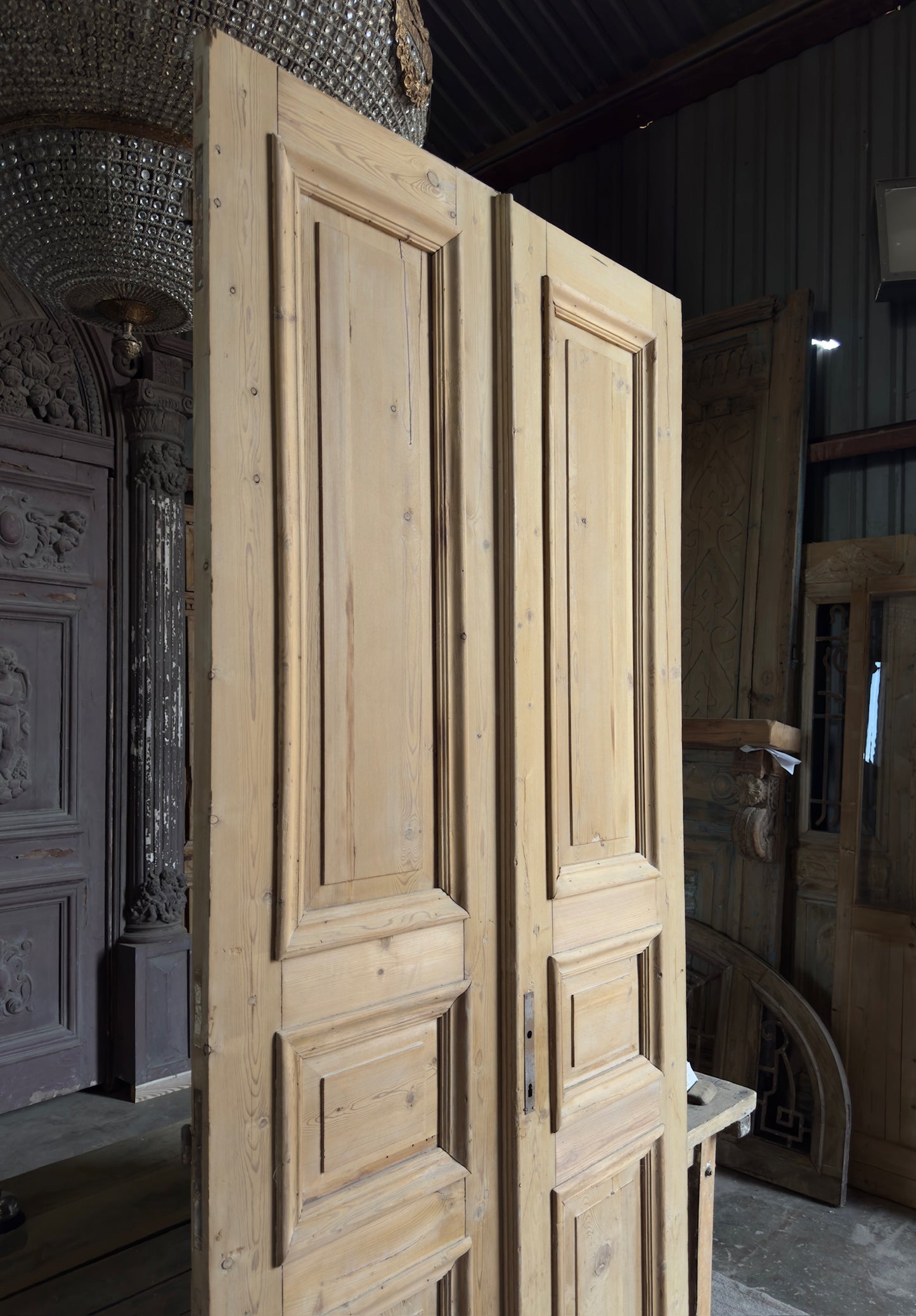 Raised Molding 3 Panel Antique Solid French Doors - 43.5x100 K374