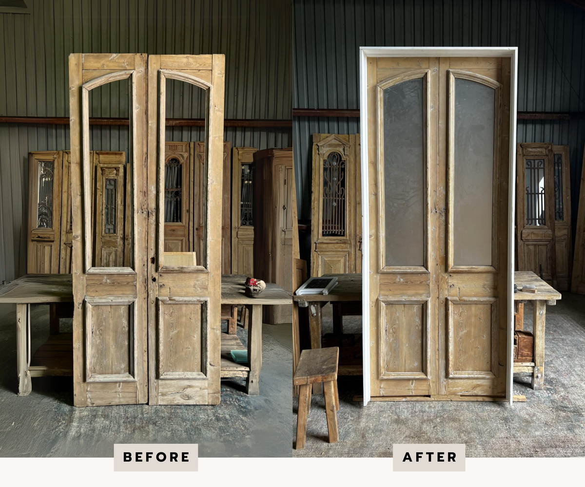 Door patched and repaired, key and mortise holes patched, and fogged glass added - standard prime grade jamb
