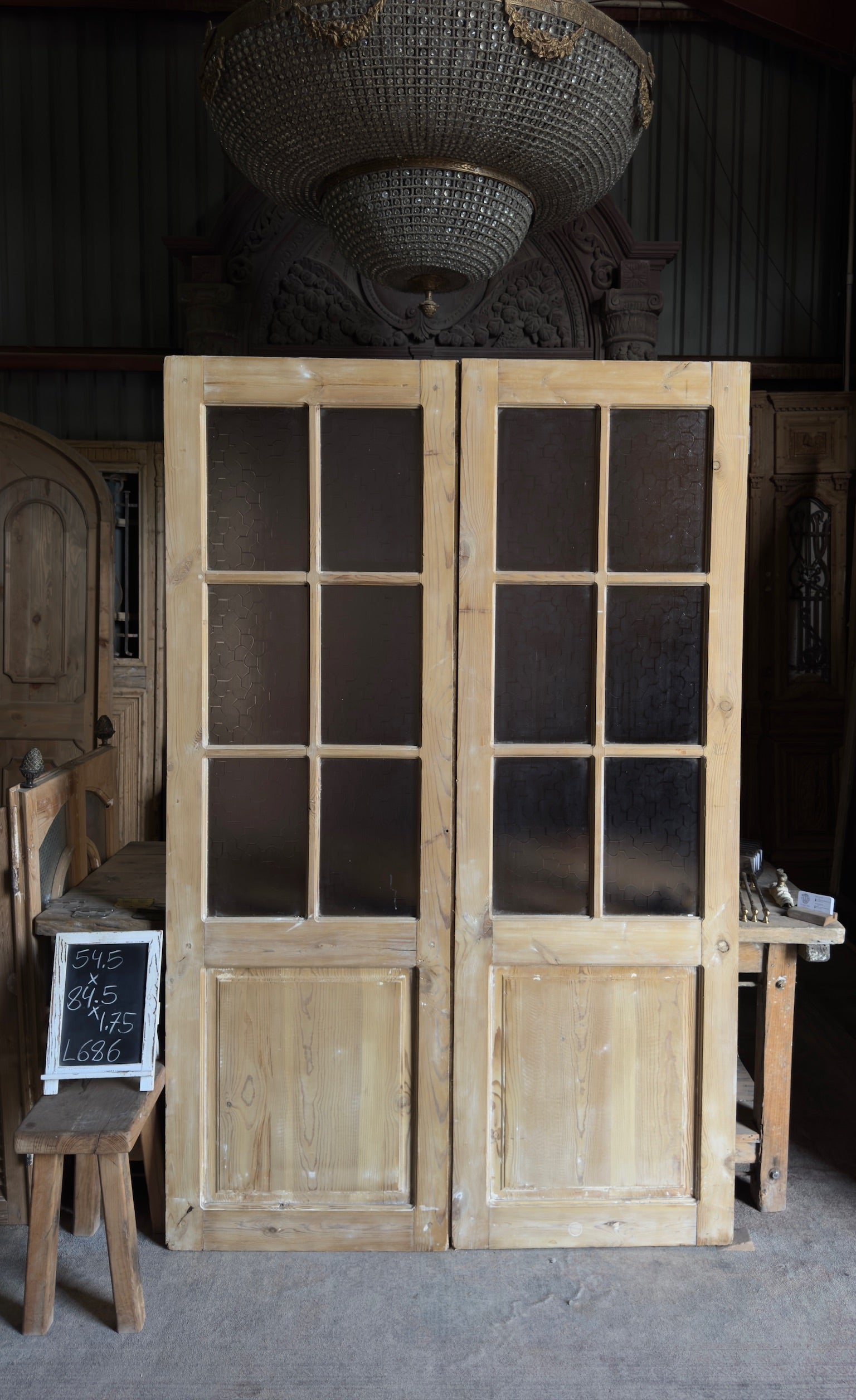 Antique Obscured Glass 6 Lite French Doors - 54.5x84.5 - L686