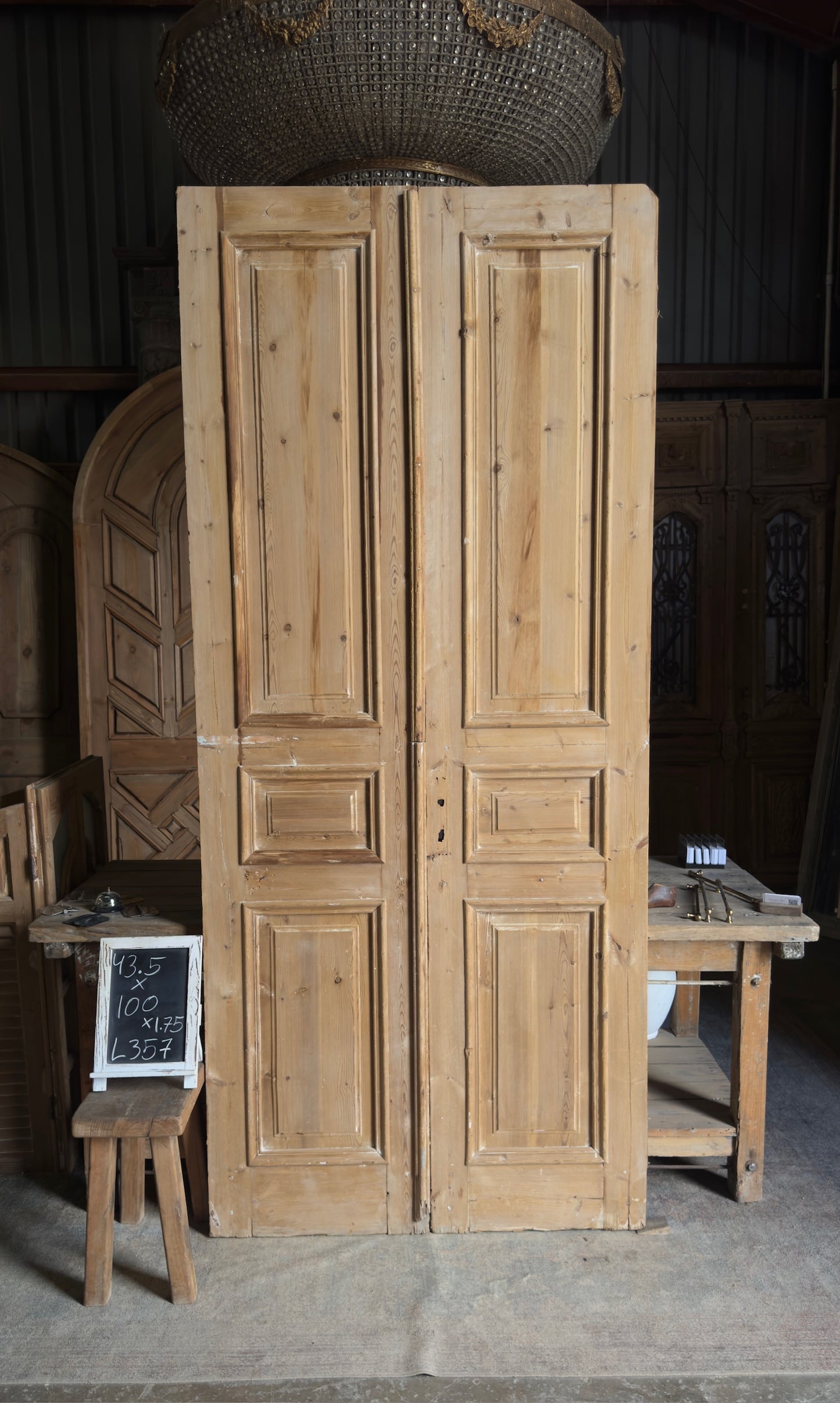 Raised Molding 3 Panel Antique Solid French Doors - 43.5x100 - L357