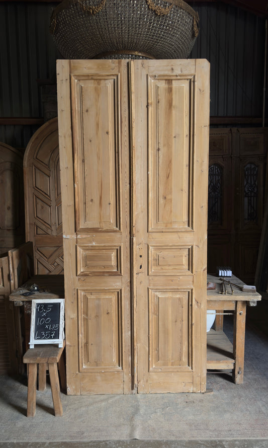 Raised Molding 3 Panel Antique Solid French Doors - 43.5x100 - L357