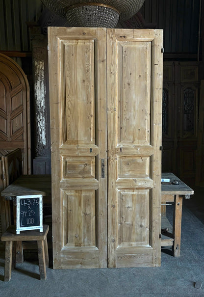Raised Molding 3 Panel Antique Solid French Doors - 43.75x94.25 - L100