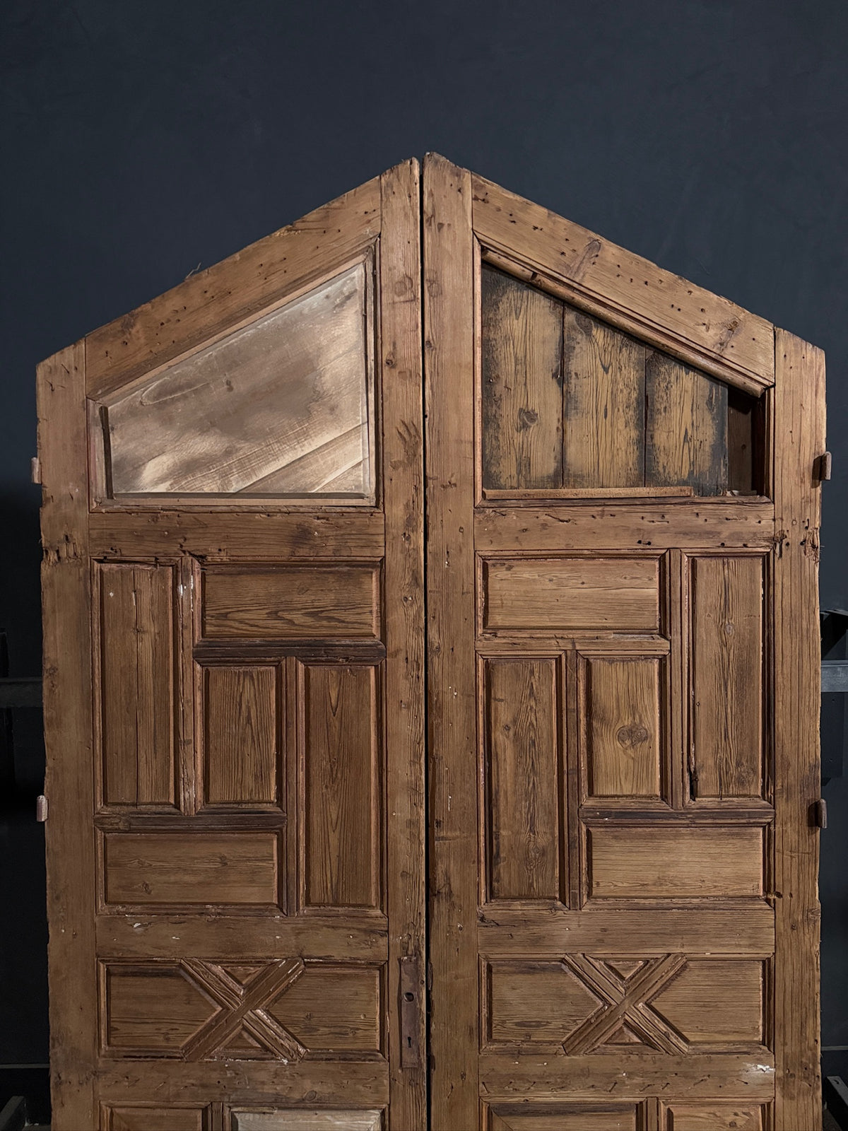 Antique Gothic Geometric Paneled Entry Double Doors - 54.5x96 - N748