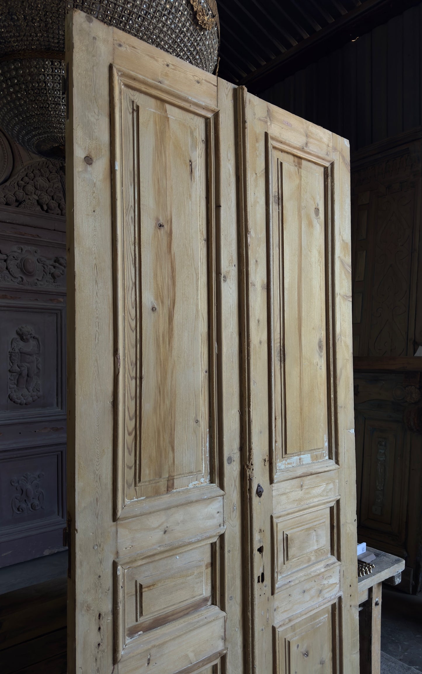 Raised Molding 3 Panel Antique Solid French Doors - 43.75x98.5 - L107