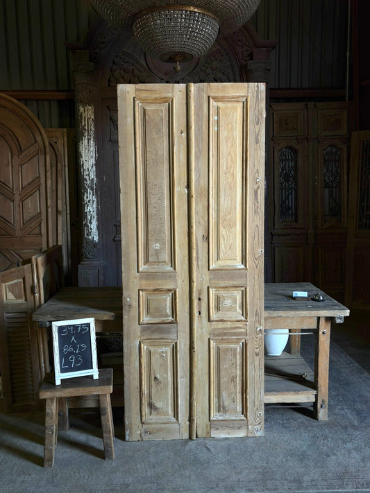 Raised Molding 3 Panel Antique Solid French Doors - 34.75x86.25 - L93